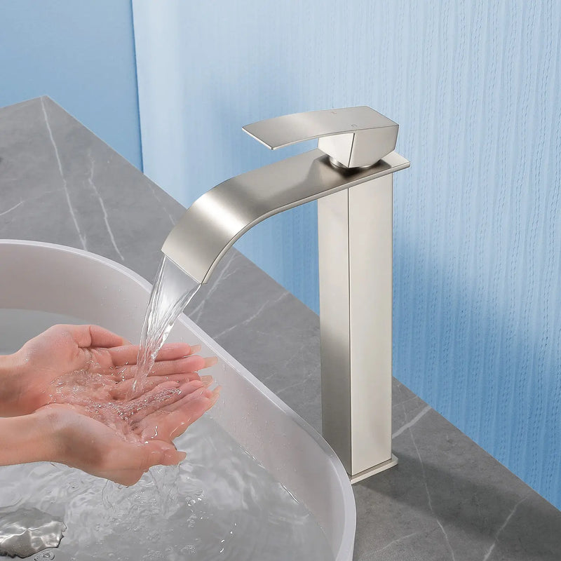 Single Hole Vessel Faucet Matte Black Deck Mount Brushed Nickel Square Bathroom Faucet with Lever Handle Waterfall Tall Brushed Gold Basin Mixer with Drain Pop Up square-single-hole-tall-waterfall-bathroom-lavatory-faucet-with-lever-handle 