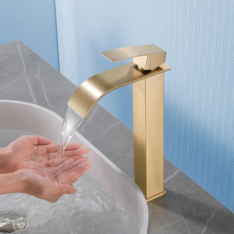 Single Hole Vessel Faucet Matte Black Deck Mount Brushed Nickel Square Bathroom Faucet with Lever Handle Waterfall Tall Brushed Gold Basin Mixer with Drain Pop Up square-single-hole-tall-waterfall-bathroom-lavatory-faucet-with-lever-handle 
