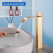 Single Hole Vessel Faucet Matte Black Deck Mount Brushed Nickel Square Bathroom Faucet with Lever Handle Waterfall Tall Brushed Gold Basin Mixer with Drain Pop Up square-single-hole-tall-waterfall-bathroom-lavatory-faucet-with-lever-handle 