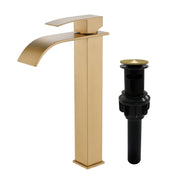 Single Hole Vessel Faucet Matte Black Deck Mount Brushed Nickel Square Bathroom Faucet with Lever Handle Waterfall Tall Brushed Gold Basin Mixer with Drain Pop Up square-single-hole-tall-waterfall-bathroom-lavatory-faucet-with-lever-handle Brushed Gold / SUS304 / 16.5*10.6*3.5 inches