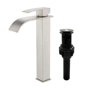 Single Hole Vessel Faucet Matte Black Deck Mount Brushed Nickel Square Bathroom Faucet with Lever Handle Waterfall Tall Brushed Gold Basin Mixer with Drain Pop Up square-single-hole-tall-waterfall-bathroom-lavatory-faucet-with-lever-handle Brushed Nickel / SUS304 / 16.5*10.6*3.5 inches