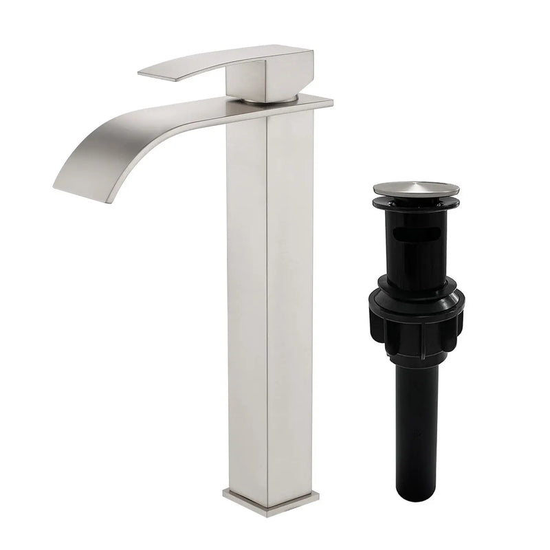 Single Hole Vessel Faucet Matte Black Deck Mount Brushed Nickel Square Bathroom Faucet with Lever Handle Waterfall Tall Brushed Gold Basin Mixer with Drain Pop Up square-single-hole-tall-waterfall-bathroom-lavatory-faucet-with-lever-handle Brushed Nickel / SUS304 / 16.5*10.6*3.5 inches