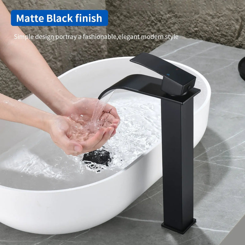 Single Hole Vessel Faucet Matte Black Deck Mount Brushed Nickel Square Bathroom Faucet with Lever Handle Waterfall Tall Brushed Gold Basin Mixer with Drain Pop Up square-single-hole-tall-waterfall-bathroom-lavatory-faucet-with-lever-handle 