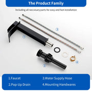Single Hole Vessel Faucet Matte Black Deck Mount Brushed Nickel Square Bathroom Faucet with Lever Handle Waterfall Tall Brushed Gold Basin Mixer with Drain Pop Up square-single-hole-tall-waterfall-bathroom-lavatory-faucet-with-lever-handle 
