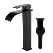 Single Hole Vessel Faucet Matte Black Deck Mount Brushed Nickel Square Bathroom Faucet with Lever Handle Waterfall Tall Brushed Gold Basin Mixer with Drain Pop Up square-single-hole-tall-waterfall-bathroom-lavatory-faucet-with-lever-handle Matte Black / SUS304 / 16.5*10.6*3.5 inches