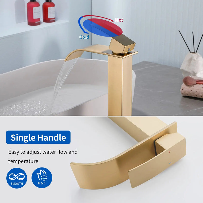 Single Hole Vessel Faucet Matte Black Deck Mount Brushed Nickel Square Bathroom Faucet with Lever Handle Waterfall Tall Brushed Gold Basin Mixer with Drain Pop Up square-single-hole-tall-waterfall-bathroom-lavatory-faucet-with-lever-handle 