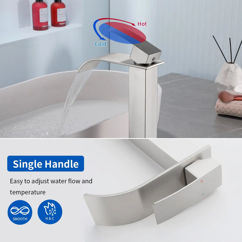 Single Hole Vessel Faucet Matte Black Deck Mount Brushed Nickel Square Bathroom Faucet with Lever Handle Waterfall Tall Brushed Gold Basin Mixer with Drain Pop Up square-single-hole-tall-waterfall-bathroom-lavatory-faucet-with-lever-handle 