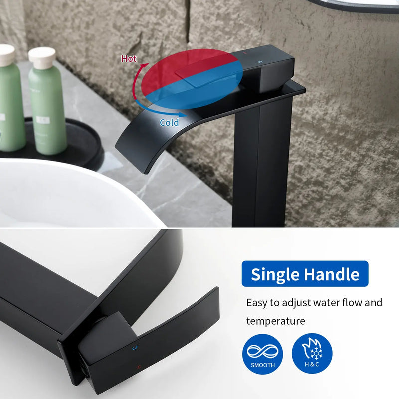 Single Hole Vessel Faucet Matte Black Deck Mount Brushed Nickel Square Bathroom Faucet with Lever Handle Waterfall Tall Brushed Gold Basin Mixer with Drain Pop Up square-single-hole-tall-waterfall-bathroom-lavatory-faucet-with-lever-handle 