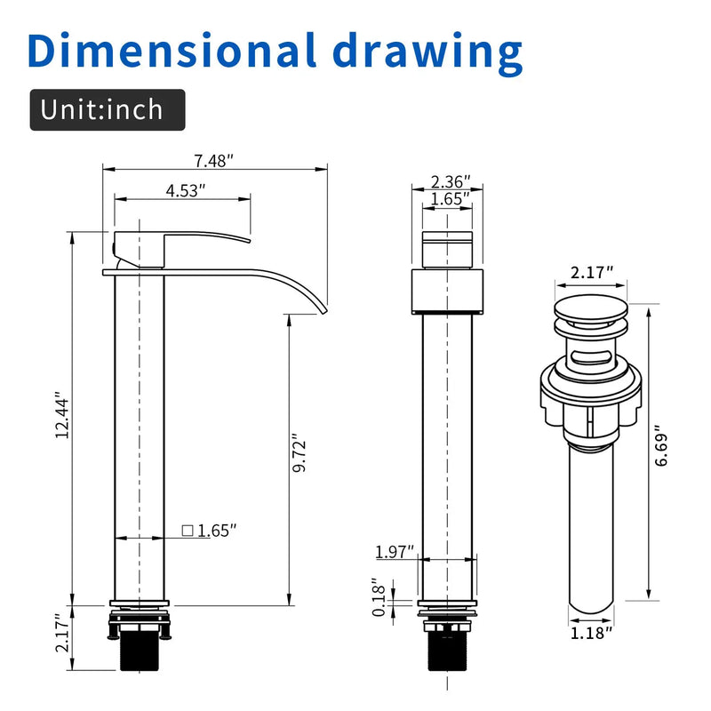 Single Hole Vessel Faucet Matte Black Deck Mount Brushed Nickel Square Bathroom Faucet with Lever Handle Waterfall Tall Brushed Gold Basin Mixer with Drain Pop Up square-single-hole-tall-waterfall-bathroom-lavatory-faucet-with-lever-handle 