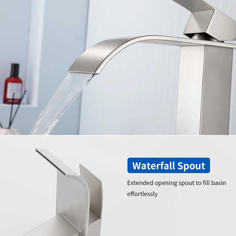 Single Hole Vessel Faucet Matte Black Deck Mount Brushed Nickel Square Bathroom Faucet with Lever Handle Waterfall Tall Brushed Gold Basin Mixer with Drain Pop Up square-single-hole-tall-waterfall-bathroom-lavatory-faucet-with-lever-handle 
