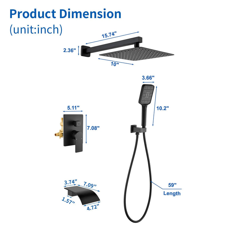 Square 10-inch Rainfall Shower Head Set with 3-Setting Handheld Shower and 4.72-inch Waterfall Spout square-10-inch-rainfall-shower-head-set-with-3-setting-handheld-shower-and-4-72-inch-waterfall-spout 