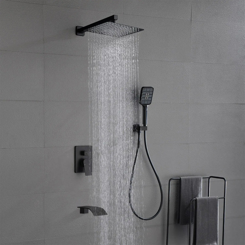 Square 10-inch Rainfall Shower Head Set with 3-Setting Handheld Shower and 4.72-inch Waterfall Spout square-10-inch-rainfall-shower-head-set-with-3-setting-handheld-shower-and-4-72-inch-waterfall-spout Matte Black / Brass & SUS304 & ABS / 17.3*13.4*5.5inches