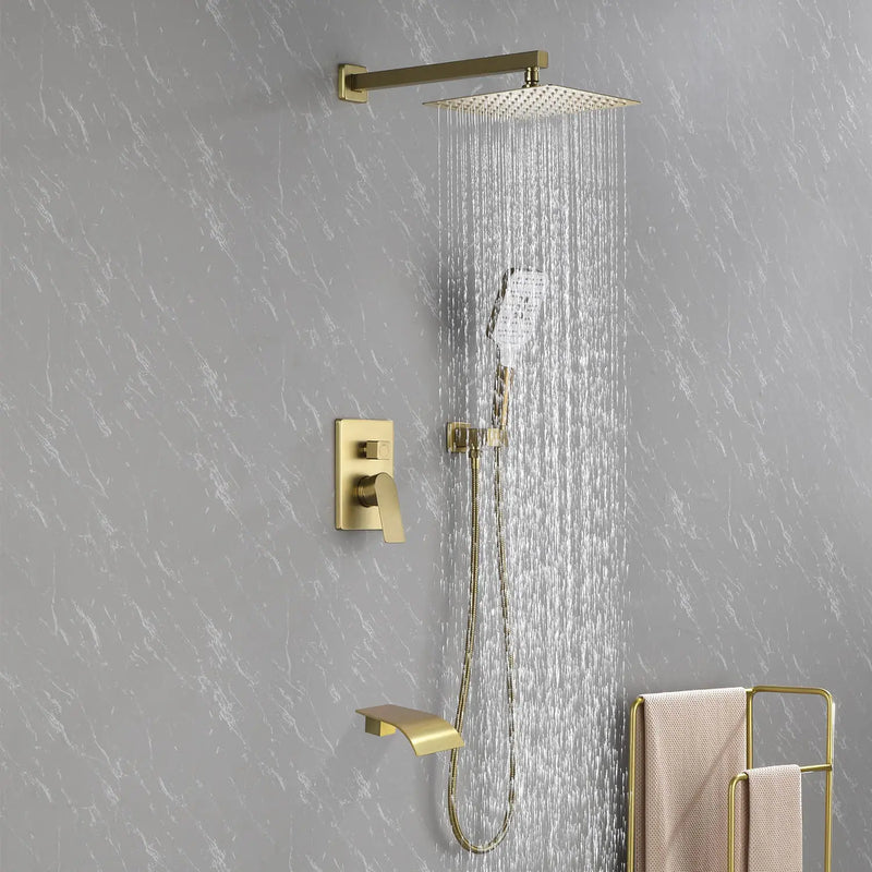 Square 10-inch Rainfall Shower Head Set with 3-Setting Handheld Shower and 4.72-inch Waterfall Spout square-10-inch-rainfall-shower-head-set-with-3-setting-handheld-shower-and-4-72-inch-waterfall-spout Brushed Gold / Brass & SUS304 & ABS / 17.3*13.4*5.5inches