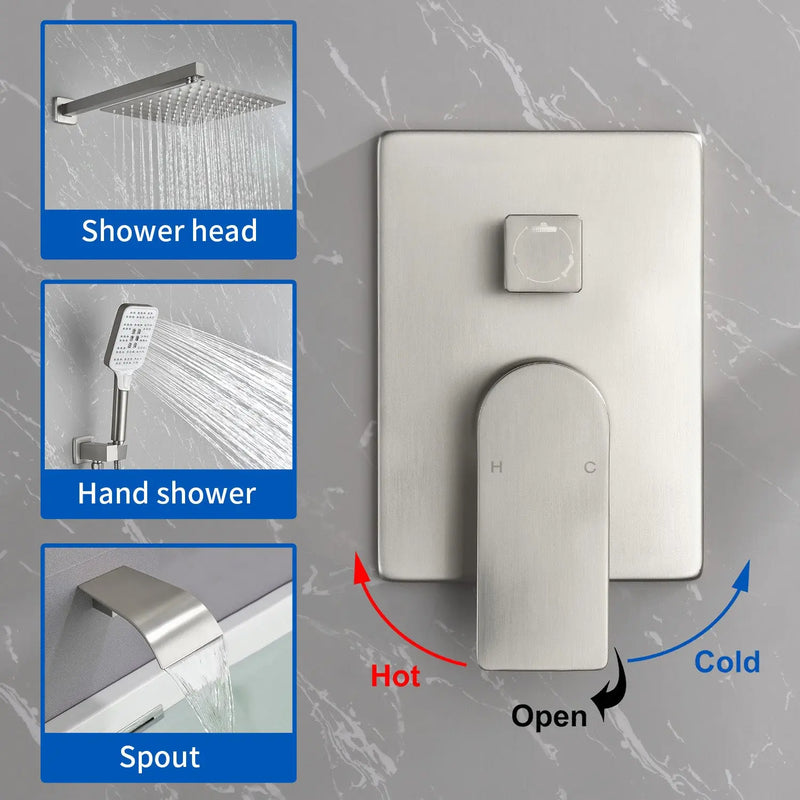 Square 10-inch Rainfall Shower Head Set with 3-Setting Handheld Shower and 4.72-inch Waterfall Spout square-10-inch-rainfall-shower-head-set-with-3-setting-handheld-shower-and-4-72-inch-waterfall-spout 