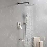 Square 10-inch Rainfall Shower Head Set with 3-Setting Handheld Shower and 4.72-inch Waterfall Spout square-10-inch-rainfall-shower-head-set-with-3-setting-handheld-shower-and-4-72-inch-waterfall-spout Brushed Nickel / Brass & SUS304 & ABS / 17.3*13.4*5.5inches