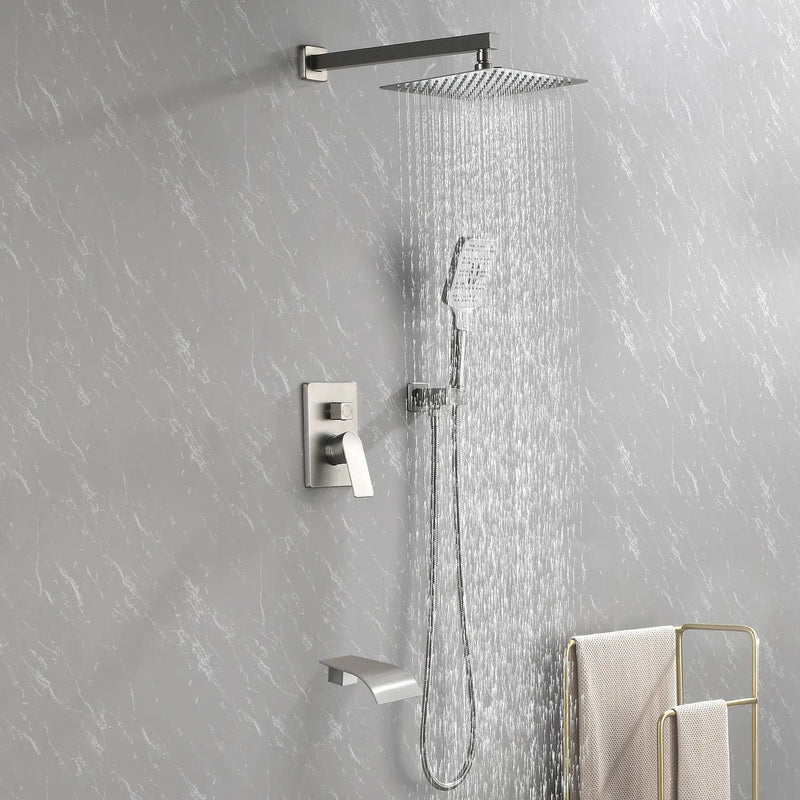 Square 10-inch Rainfall Shower Head Set with 3-Setting Handheld Shower and 4.72-inch Waterfall Spout square-10-inch-rainfall-shower-head-set-with-3-setting-handheld-shower-and-4-72-inch-waterfall-spout Brushed Nickel / Brass & SUS304 & ABS / 17.3*13.4*5.5inches