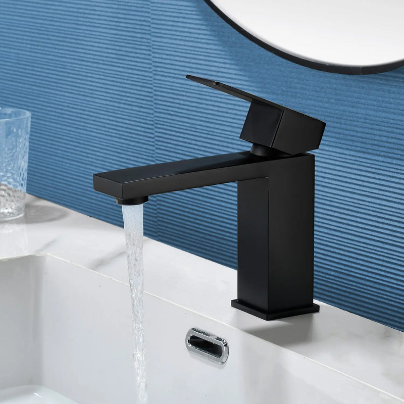Stainless Steel Basin Faucets Square One Handle Hot and Cold Water Mixer Hotel Vanity Faucet for Bathroom stainless-steel-one-handle-hotel-basin-faucets-with-hot-and-cold-water Matte Black / SUS304 / 13.2*11.2*3.5 inches