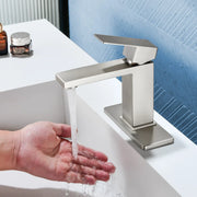 Stainless Steel Basin Faucets Square One Handle Hot and Cold Water Mixer Hotel Vanity Faucet for Bathroom stainless-steel-one-handle-hotel-basin-faucets-with-hot-and-cold-water Brushed Nickel / SUS304 / 13.2*11.2*3.5 inches