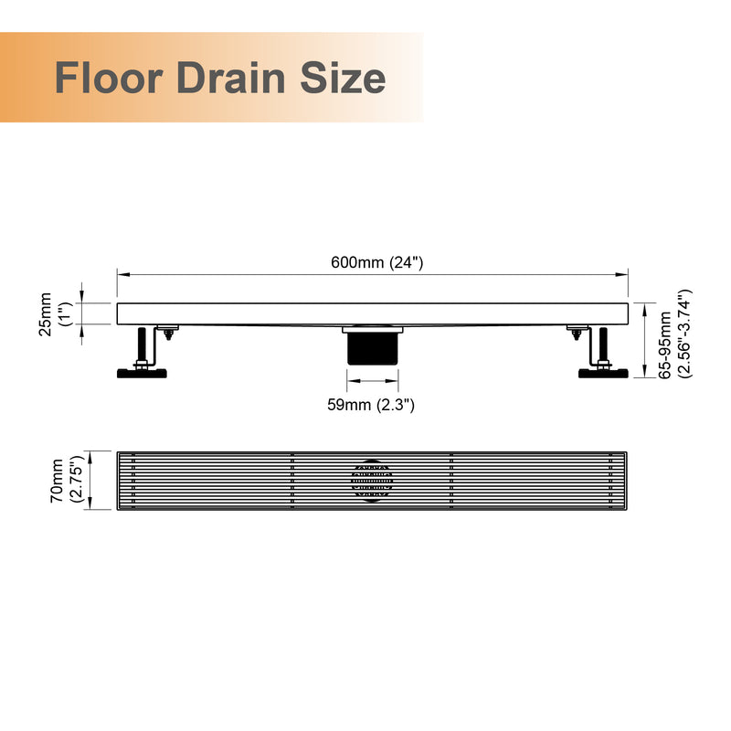 24 Inch Linear Shower Drain with Flange Stainless Steel Long Floor Drain for Bathroom