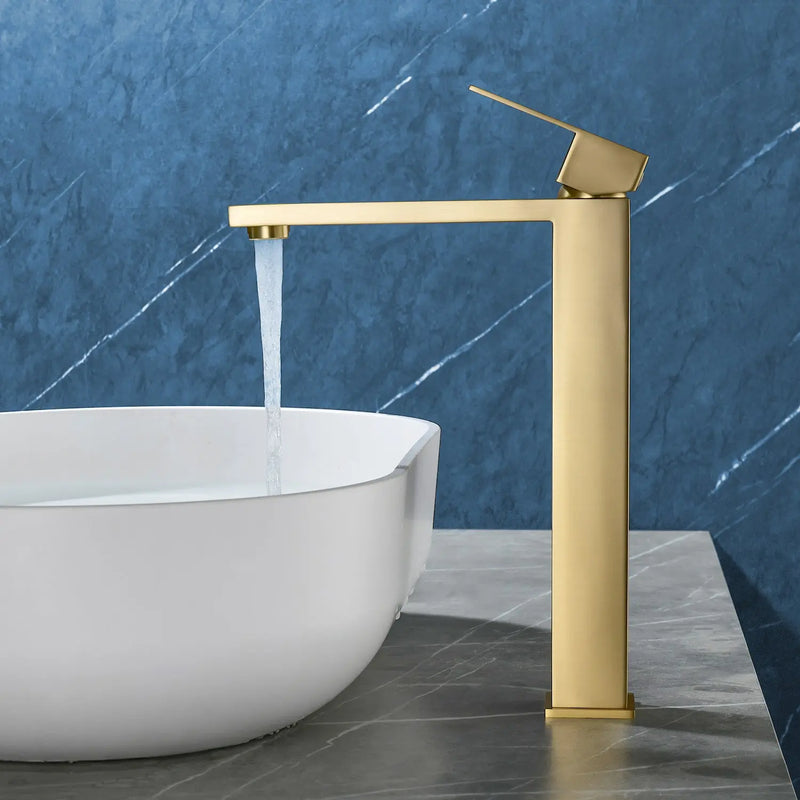 Tall Vessel Sink Faucet Single lever Square Single Hole Bathroom Faucet with drain stopper & Water Supply Lines single-lever-square-tall-vessel-sink-bathroom-faucet-single-hole-with-drain-stopper Brushed Gold / SUS304 / 16.5*10.6*3.5 inches