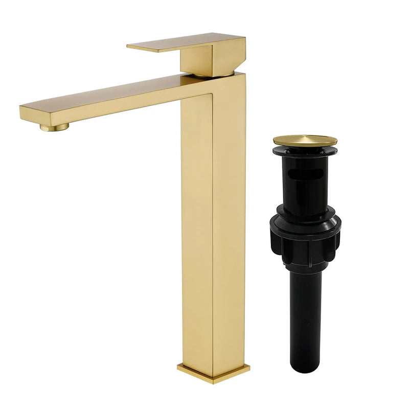 Tall Vessel Sink Faucet Single lever Square Single Hole Bathroom Faucet with drain stopper & Water Supply Lines single-lever-square-tall-vessel-sink-bathroom-faucet-single-hole-with-drain-stopper 