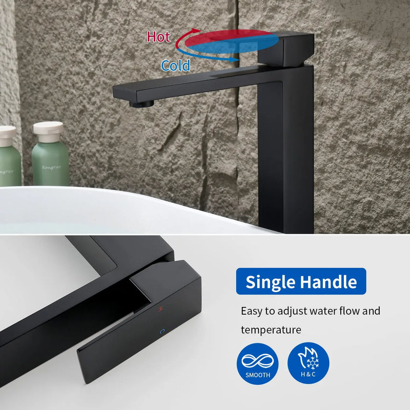 Tall Vessel Sink Faucet Single lever Square Single Hole Bathroom Faucet with drain stopper & Water Supply Lines single-lever-square-tall-vessel-sink-bathroom-faucet-single-hole-with-drain-stopper 
