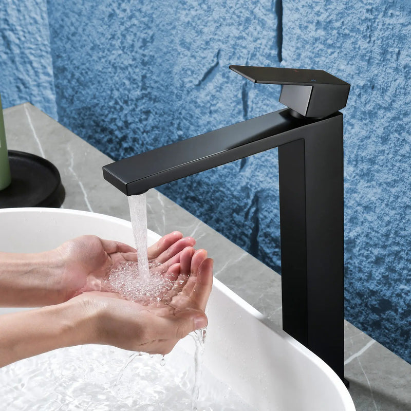 Tall Vessel Sink Faucet Single lever Square Single Hole Bathroom Faucet with drain stopper & Water Supply Lines single-lever-square-tall-vessel-sink-bathroom-faucet-single-hole-with-drain-stopper Matte Black / SUS304 / 16.5*10.6*3.5 inches