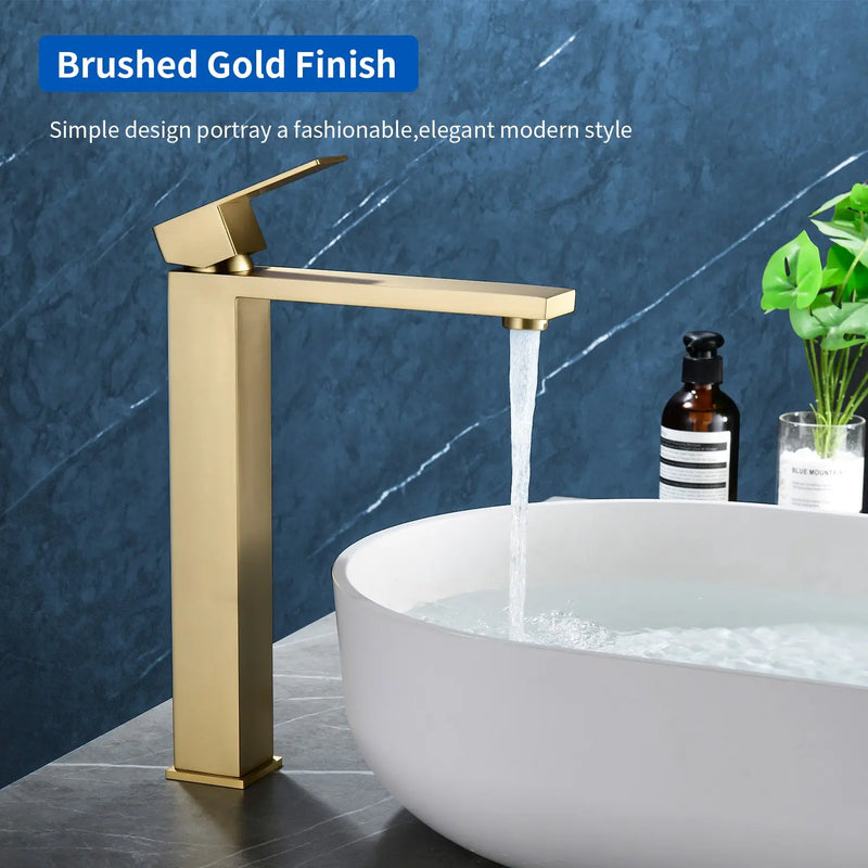 Tall Vessel Sink Faucet Single lever Square Single Hole Bathroom Faucet with drain stopper & Water Supply Lines single-lever-square-tall-vessel-sink-bathroom-faucet-single-hole-with-drain-stopper 