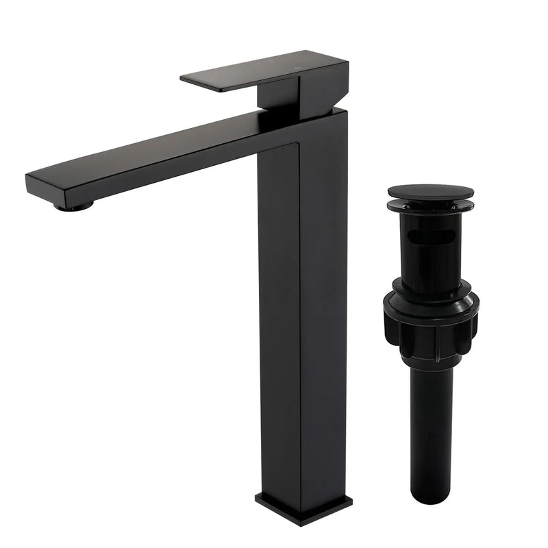 Tall Vessel Sink Faucet Single lever Square Single Hole Bathroom Faucet with drain stopper & Water Supply Lines single-lever-square-tall-vessel-sink-bathroom-faucet-single-hole-with-drain-stopper 