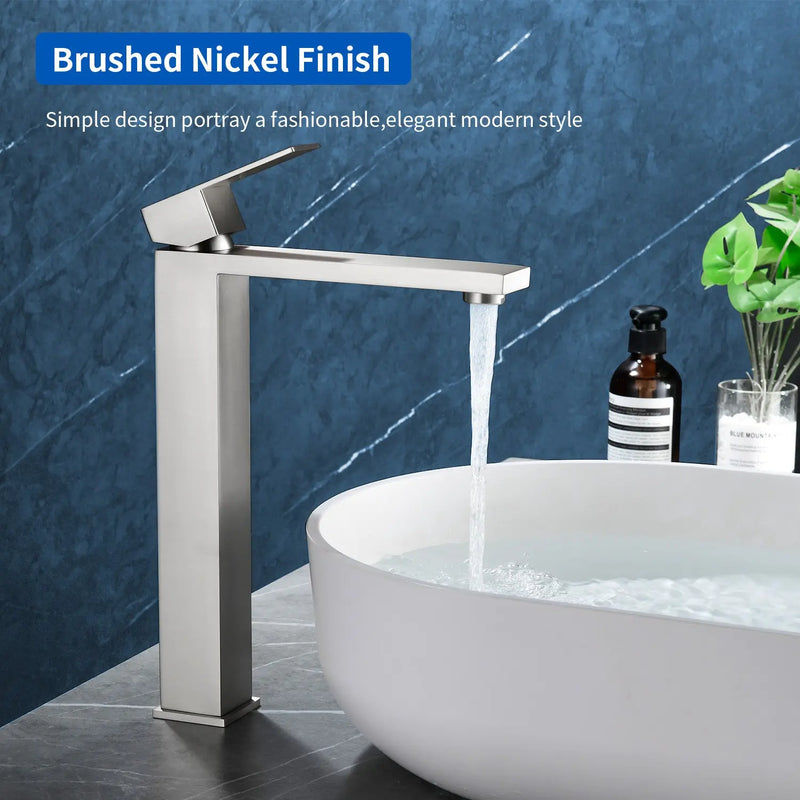 Tall Vessel Sink Faucet Single lever Square Single Hole Bathroom Faucet with drain stopper & Water Supply Lines single-lever-square-tall-vessel-sink-bathroom-faucet-single-hole-with-drain-stopper 