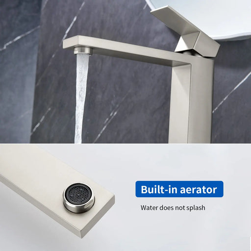 Tall Vessel Sink Faucet Single lever Square Single Hole Bathroom Faucet with drain stopper & Water Supply Lines single-lever-square-tall-vessel-sink-bathroom-faucet-single-hole-with-drain-stopper 