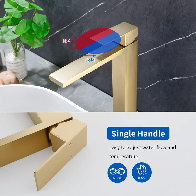 Tall Vessel Sink Faucet Single lever Square Single Hole Bathroom Faucet with drain stopper & Water Supply Lines single-lever-square-tall-vessel-sink-bathroom-faucet-single-hole-with-drain-stopper 