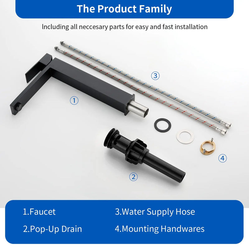 Tall Vessel Sink Faucet Single lever Square Single Hole Bathroom Faucet with drain stopper & Water Supply Lines single-lever-square-tall-vessel-sink-bathroom-faucet-single-hole-with-drain-stopper 