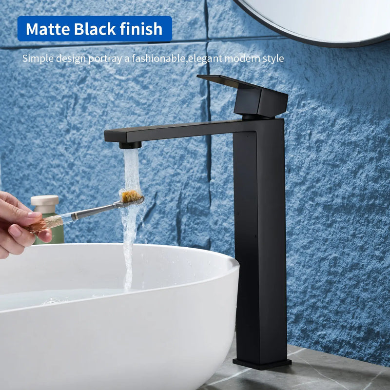 Tall Vessel Sink Faucet Single lever Square Single Hole Bathroom Faucet with drain stopper & Water Supply Lines single-lever-square-tall-vessel-sink-bathroom-faucet-single-hole-with-drain-stopper 