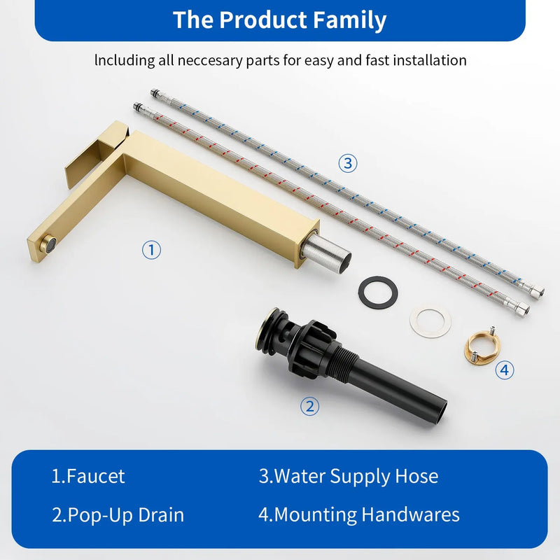 Tall Vessel Sink Faucet Single lever Square Single Hole Bathroom Faucet with drain stopper & Water Supply Lines single-lever-square-tall-vessel-sink-bathroom-faucet-single-hole-with-drain-stopper 