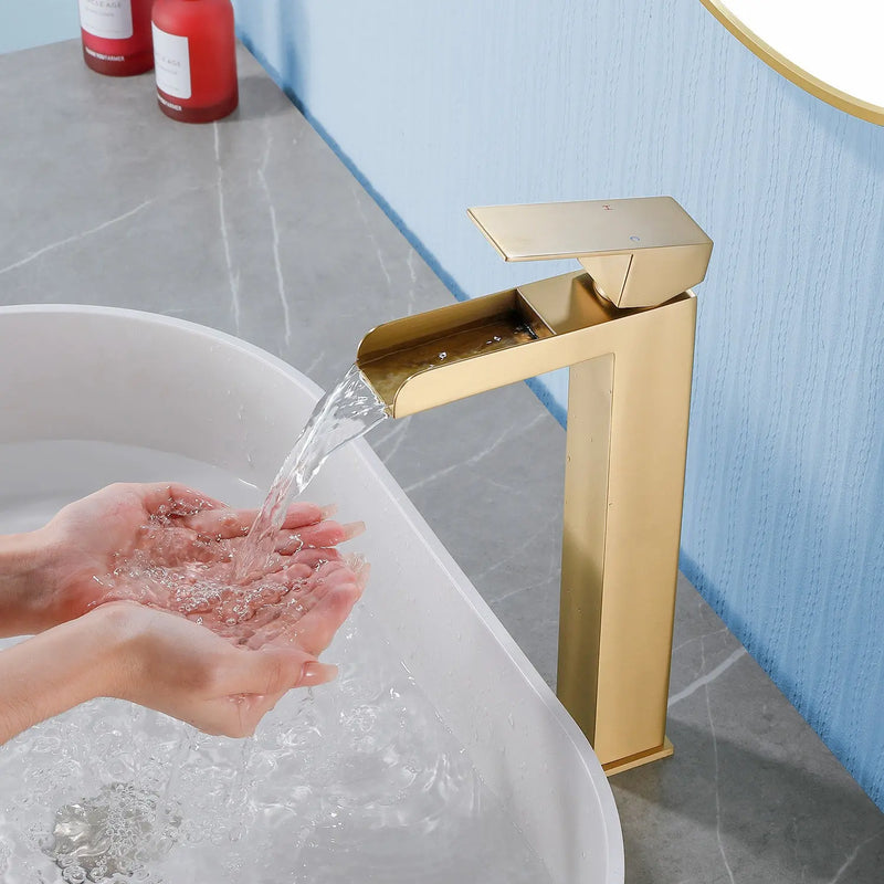 Tall Waterfall Vessel Faucet Deck Mount Single Lever Bathroom Sink Faucet with Pop Up Drain Stopper & Water Supply Lines deck-mount-single-lever-single-hole-lavatory-faucet-tap-with-sink-drain-stopper 