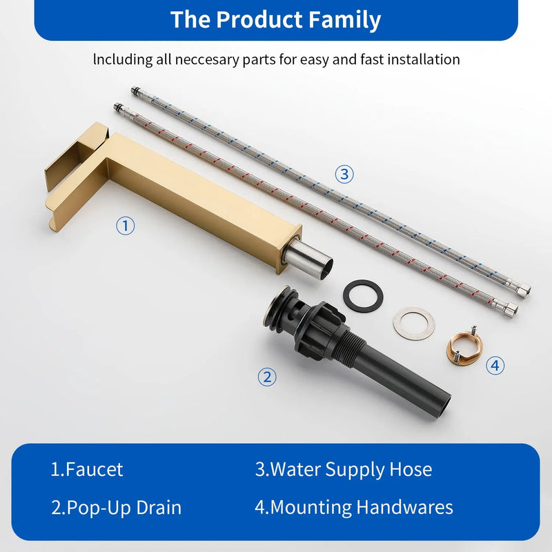Tall Waterfall Vessel Faucet Deck Mount Single Lever Bathroom Sink Faucet with Pop Up Drain Stopper & Water Supply Lines deck-mount-single-lever-single-hole-lavatory-faucet-tap-with-sink-drain-stopper 