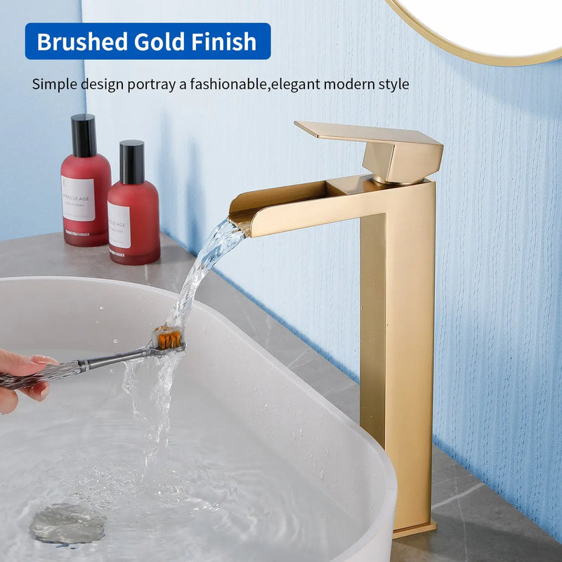 Tall Waterfall Vessel Faucet Deck Mount Single Lever Bathroom Sink Faucet with Pop Up Drain Stopper & Water Supply Lines deck-mount-single-lever-single-hole-lavatory-faucet-tap-with-sink-drain-stopper 