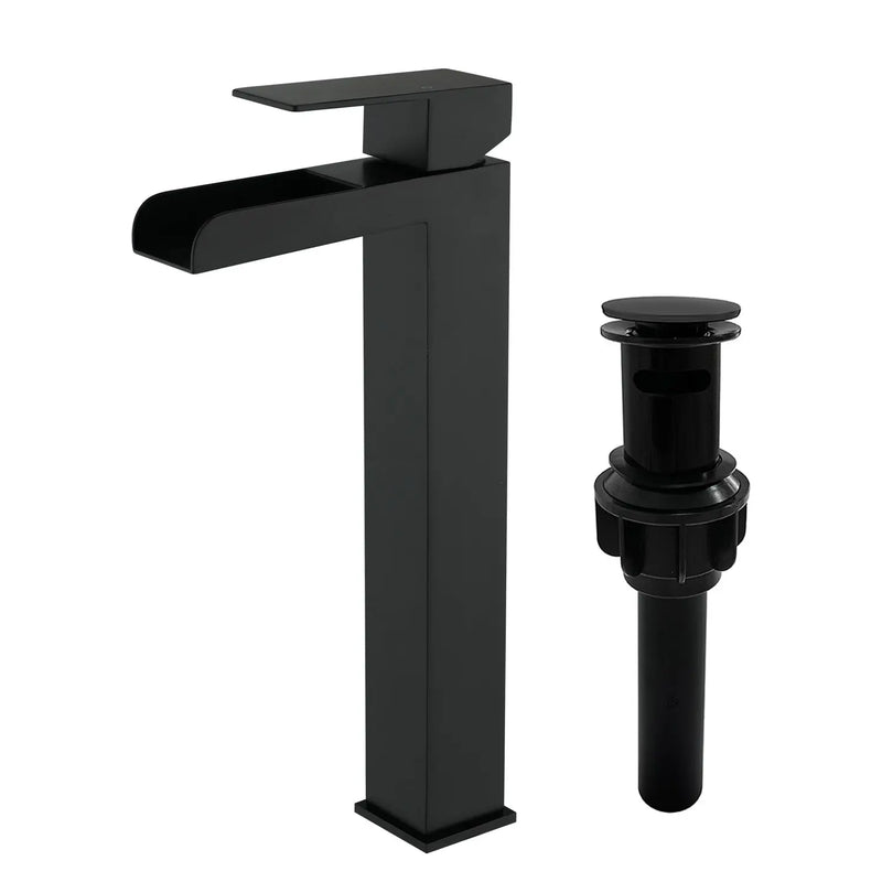 Tall Waterfall Vessel Faucet Deck Mount Single Lever Bathroom Sink Faucet with Pop Up Drain Stopper & Water Supply Lines deck-mount-single-lever-single-hole-lavatory-faucet-tap-with-sink-drain-stopper Matte Black / SUS304 / 16.5*10.6*3.5 inches
