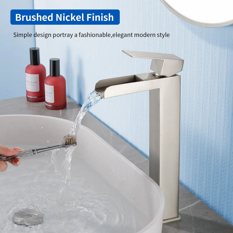Tall Waterfall Vessel Faucet Deck Mount Single Lever Bathroom Sink Faucet with Pop Up Drain Stopper & Water Supply Lines deck-mount-single-lever-single-hole-lavatory-faucet-tap-with-sink-drain-stopper 