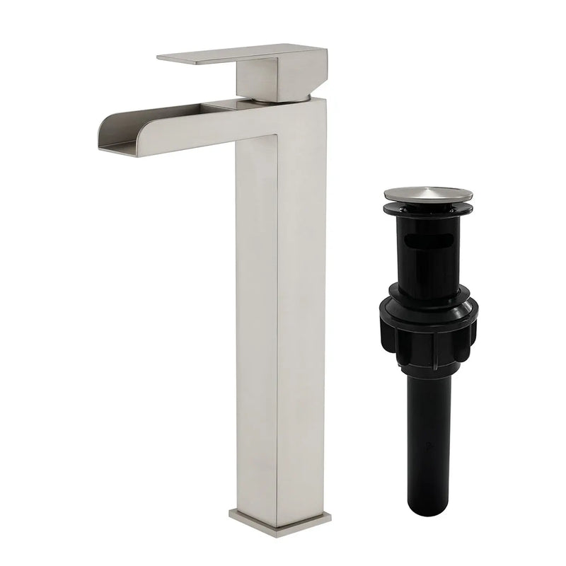 Tall Waterfall Vessel Faucet Deck Mount Single Lever Bathroom Sink Faucet with Pop Up Drain Stopper & Water Supply Lines deck-mount-single-lever-single-hole-lavatory-faucet-tap-with-sink-drain-stopper Brushed Nickel / SUS304 / 16.5*10.6*3.5 inches