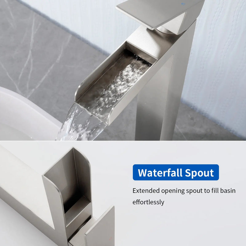 Tall Waterfall Vessel Faucet Deck Mount Single Lever Bathroom Sink Faucet with Pop Up Drain Stopper & Water Supply Lines deck-mount-single-lever-single-hole-lavatory-faucet-tap-with-sink-drain-stopper 