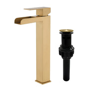 Tall Waterfall Vessel Faucet Deck Mount Single Lever Bathroom Sink Faucet with Pop Up Drain Stopper & Water Supply Lines deck-mount-single-lever-single-hole-lavatory-faucet-tap-with-sink-drain-stopper Brushed Gold / SUS304 / 16.5*10.6*3.5 inches