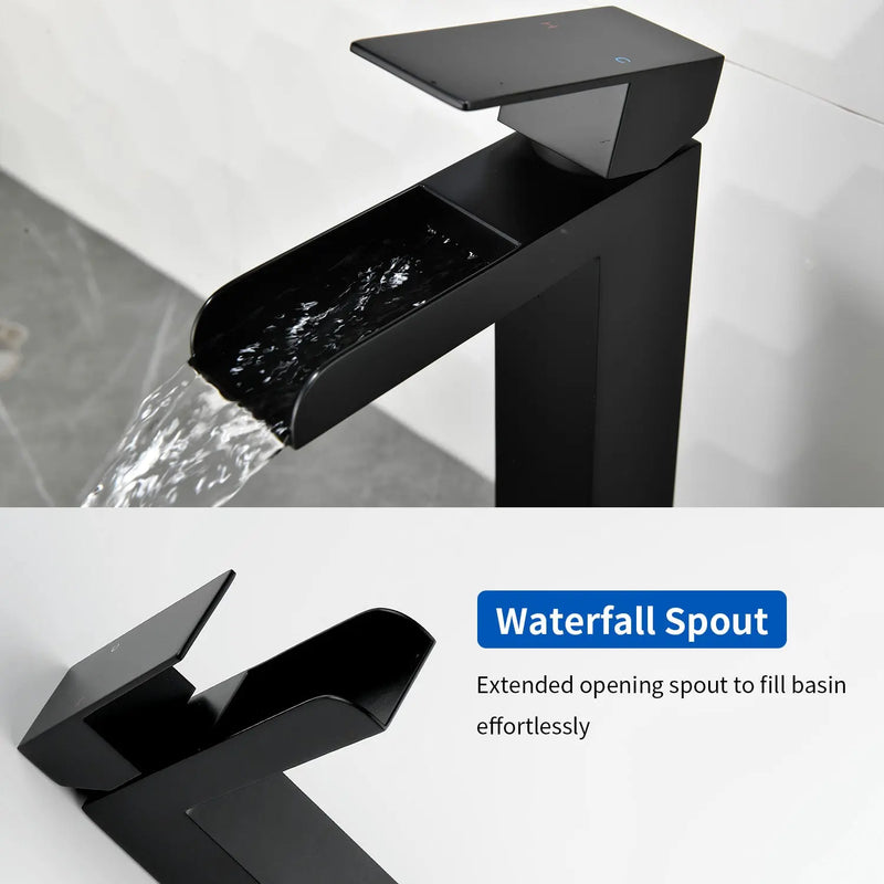 Tall Waterfall Vessel Faucet Deck Mount Single Lever Bathroom Sink Faucet with Pop Up Drain Stopper & Water Supply Lines deck-mount-single-lever-single-hole-lavatory-faucet-tap-with-sink-drain-stopper 