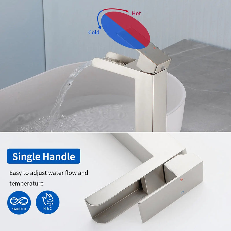 Tall Waterfall Vessel Faucet Deck Mount Single Lever Bathroom Sink Faucet with Pop Up Drain Stopper & Water Supply Lines deck-mount-single-lever-single-hole-lavatory-faucet-tap-with-sink-drain-stopper 