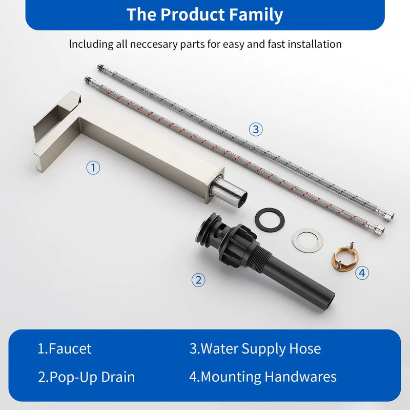 Tall Waterfall Vessel Faucet Deck Mount Single Lever Bathroom Sink Faucet with Pop Up Drain Stopper & Water Supply Lines deck-mount-single-lever-single-hole-lavatory-faucet-tap-with-sink-drain-stopper 