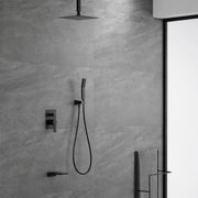 Three-way Ceiling Mounted Shower System, 10" Rain Shower Faucet Set with handheld shower and Waterfall Spout ceiling-mounted-rain-shower-system-handheld-shower-head-10-rain-shower-faucet-sets-complete-with-shower-round-in-valve-and-trim-wall-mounted-matte-black Matt Black / Brass / 10" Steel showerhead