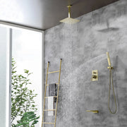 Three-way Ceiling Mounted Shower System, 10" Rain Shower Faucet Set with handheld shower and Waterfall Spout ceiling-mounted-rain-shower-system-handheld-shower-head-10-rain-shower-faucet-sets-complete-with-shower-round-in-valve-and-trim-wall-mounted-matte-black Brushed Gold / Brass / 10" Steel showerhead