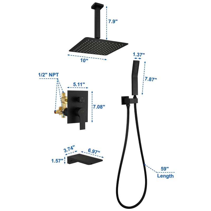 Three-way Ceiling Mounted Shower System, 10" Rain Shower Faucet Set with handheld shower and Waterfall Spout ceiling-mounted-rain-shower-system-handheld-shower-head-10-rain-shower-faucet-sets-complete-with-shower-round-in-valve-and-trim-wall-mounted-matte-black 