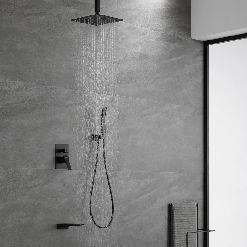 Three-way Ceiling Mounted Shower System, 10" Rain Shower Faucet Set with handheld shower and Waterfall Spout ceiling-mounted-rain-shower-system-handheld-shower-head-10-rain-shower-faucet-sets-complete-with-shower-round-in-valve-and-trim-wall-mounted-matte-black 